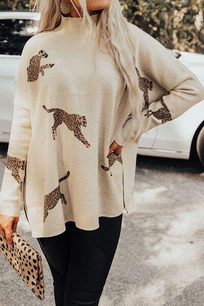 mock neck long sleeve mumu dress Animal Pattern Mock Neck Long Sleeve Slit Sweater