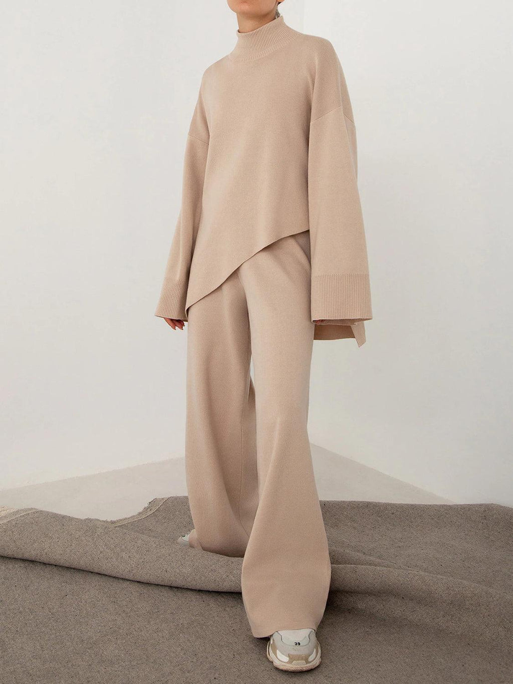 Asymmetrical Hem Knit Top and Pants Set-Lounge Sets-Ship From Overseas, X.L.J-Beige-S-[option4]-[option5]-[option6]-Womens-USA-Clothing-Boutique-Shop-Online-Clothes Minded