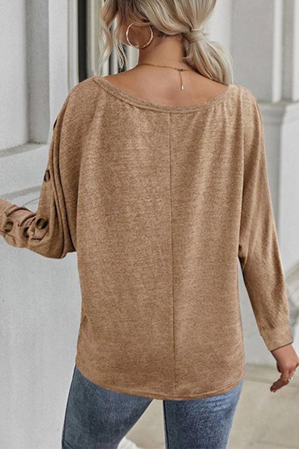 Boat Neck Buttoned Long Sleeve T-Shirt-Tops-Ship From Overseas, SYNZ, Tops-Khaki-S-[option4]-[option5]-[option6]-Womens-USA-Clothing-Boutique-Shop-Online-Clothes Minded