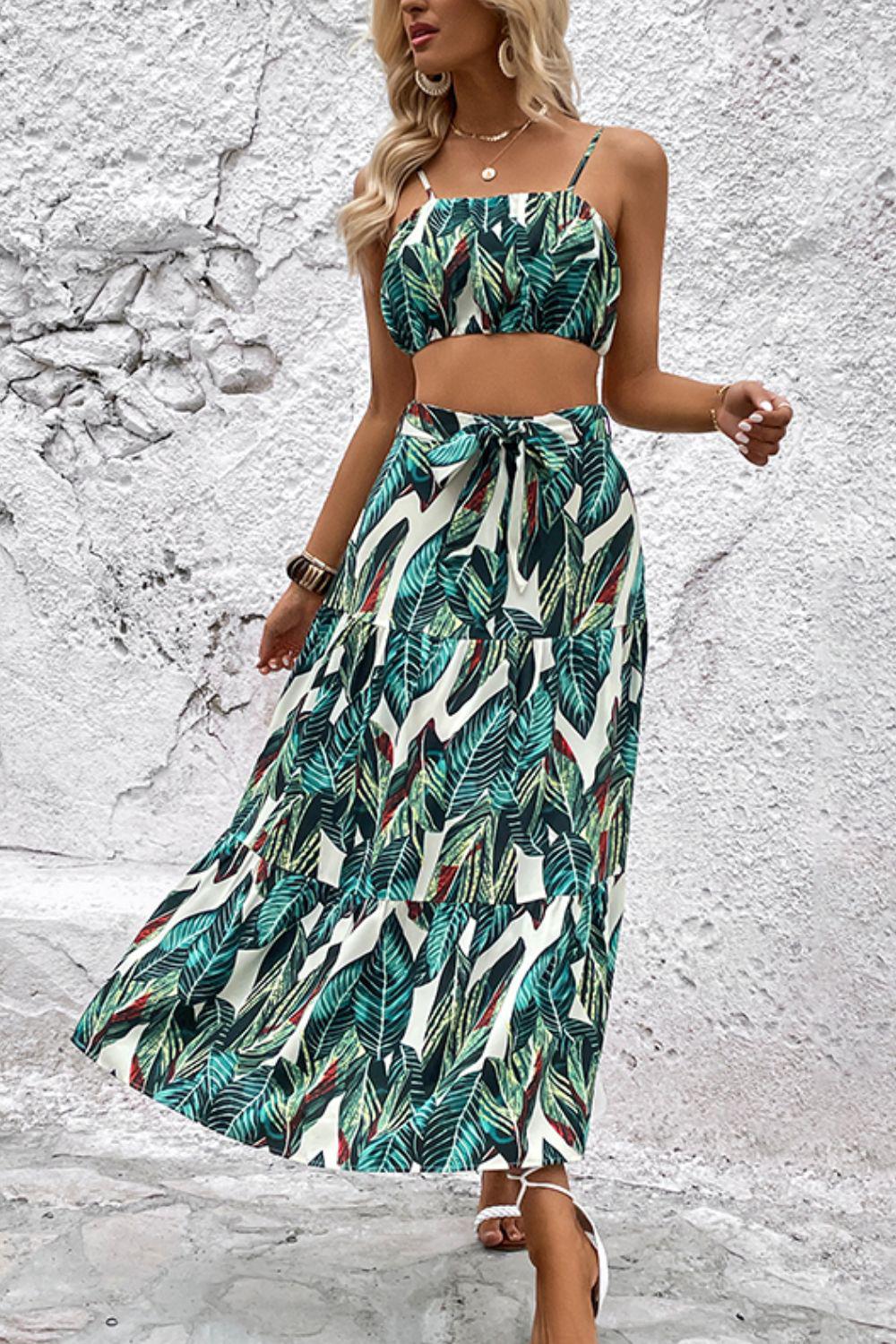 Botanical Print Cami and Tiered Skirt Set-Set-Hundredth, Matching Set, Ship From Overseas-Teal-S-[option4]-[option5]-[option6]-Womens-USA-Clothing-Boutique-Shop-Online-Clothes Minded