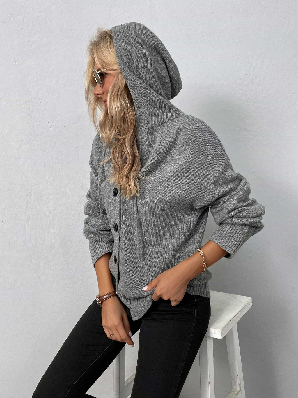 Button-Down Long Sleeve Hooded Sweater-Cardigans-Drizzle, Hooded Cardigan, Ship From Overseas-Heather Gray-S-[option4]-[option5]-[option6]-Womens-USA-Clothing-Boutique-Shop-Online-Clothes Minded