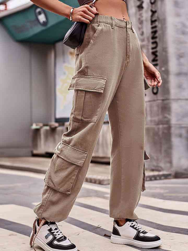 Elastic Waist Cargo Pants-Bottoms-Bottoms, Cargo Pants, M.F, Ship From Overseas-Khaki-S-[option4]-[option5]-[option6]-Womens-USA-Clothing-Boutique-Shop-Online-Clothes Minded