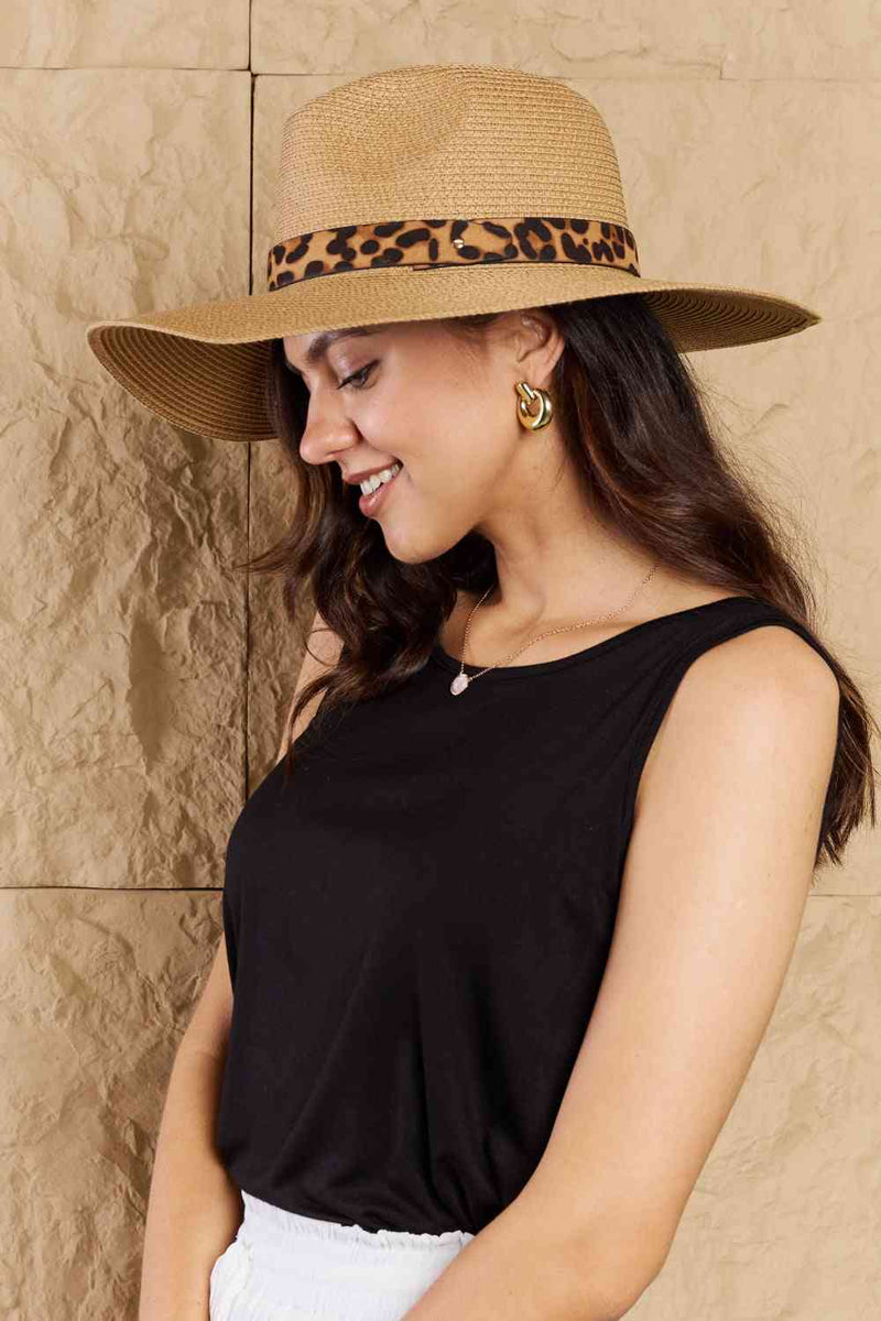 Fame Wild One Leopard Ribbon Straw Hat-Fame Accessories, Ship from USA-Tan-One Size-[option4]-[option5]-[option6]-Womens-USA-Clothing-Boutique-Shop-Online-Clothes Minded