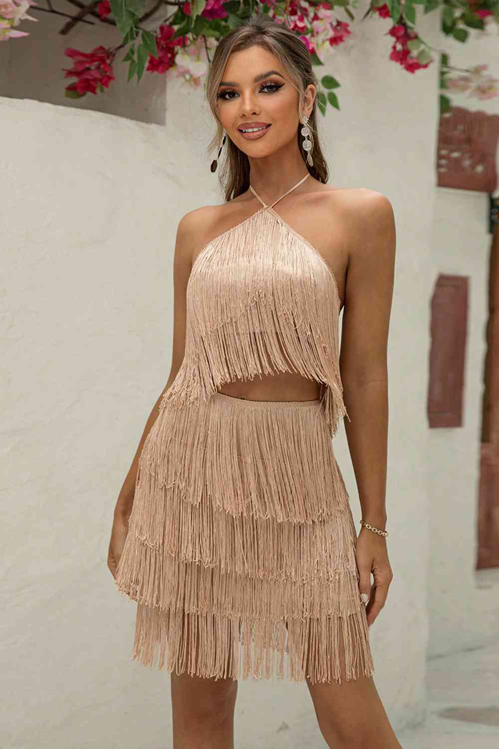 Halter Neck Fringe Top and Skirt Set-Set-Ringing-N, Ship From Overseas-Sand-XS-[option4]-[option5]-[option6]-Womens-USA-Clothing-Boutique-Shop-Online-Clothes Minded