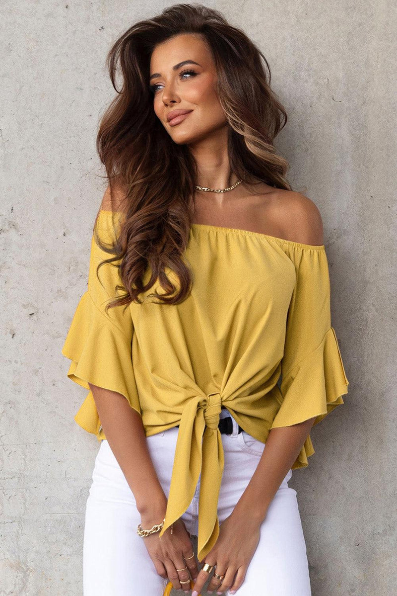 Off-Shoulder Tie Hem Blouse-Ship From Overseas, SYNZ-Banana Yellow-S-[option4]-[option5]-[option6]-Womens-USA-Clothing-Boutique-Shop-Online-Clothes Minded