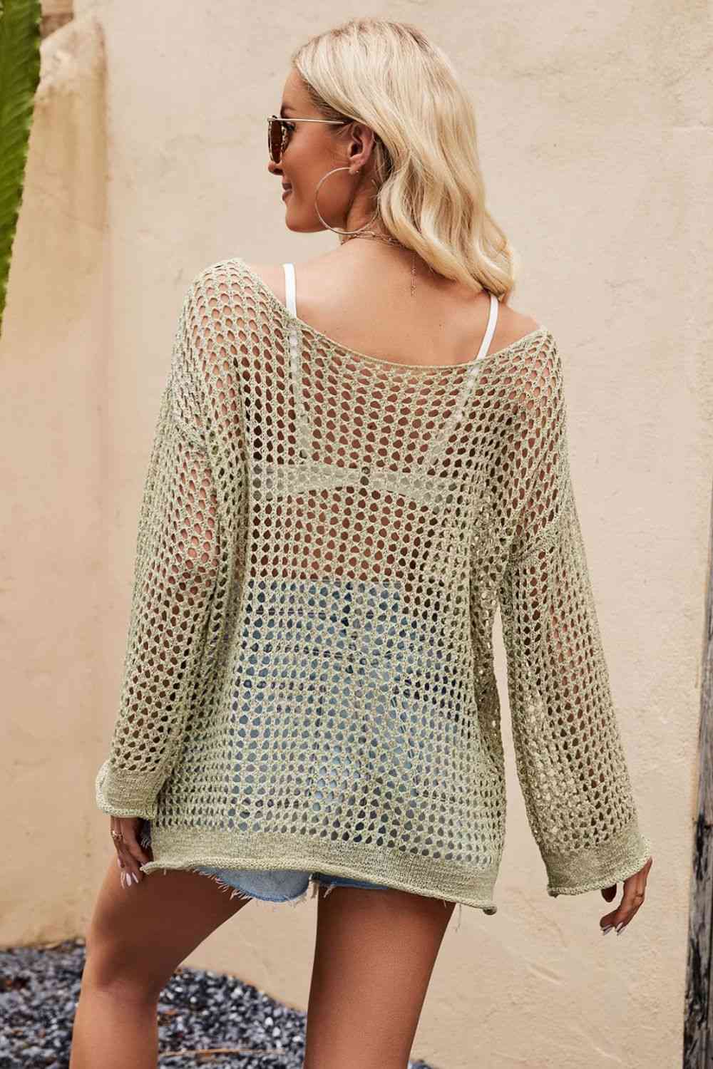 Openwork Round Neck Long Sleeve Cover Up-Ship From Overseas, Shipping delay February 2 - February 17, Yh-Mist Green-One Size-[option4]-[option5]-[option6]-Womens-USA-Clothing-Boutique-Shop-Online-Clothes Minded