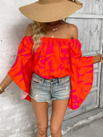 Printed Off-Shoulder Bell Sleeve Blouse-Tops-Ship From Overseas, Tops, YO-Orange-S-[option4]-[option5]-[option6]-Womens-USA-Clothing-Boutique-Shop-Online-Clothes Minded