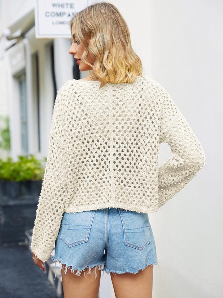 Round Neck Openwork Dropped Shoulder Knit Top-Tops-Boutique Top, SF Knit, Ship From Overseas, Top, Tops-Cream-S-[option4]-[option5]-[option6]-Womens-USA-Clothing-Boutique-Shop-Online-Clothes Minded