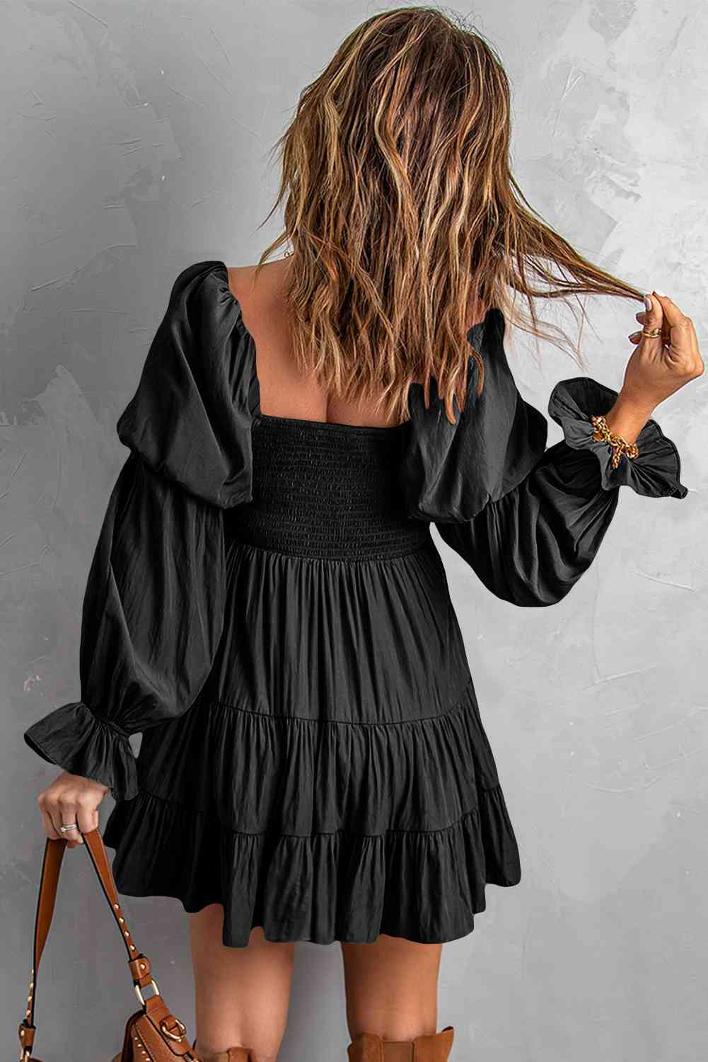 Smocked Off-Shoulder Tiered Mini Dress-Dresses-Boutique Dress, Dress, Ship From Overseas, SYNZ-Black-S-[option4]-[option5]-[option6]-Womens-USA-Clothing-Boutique-Shop-Online-Clothes Minded
