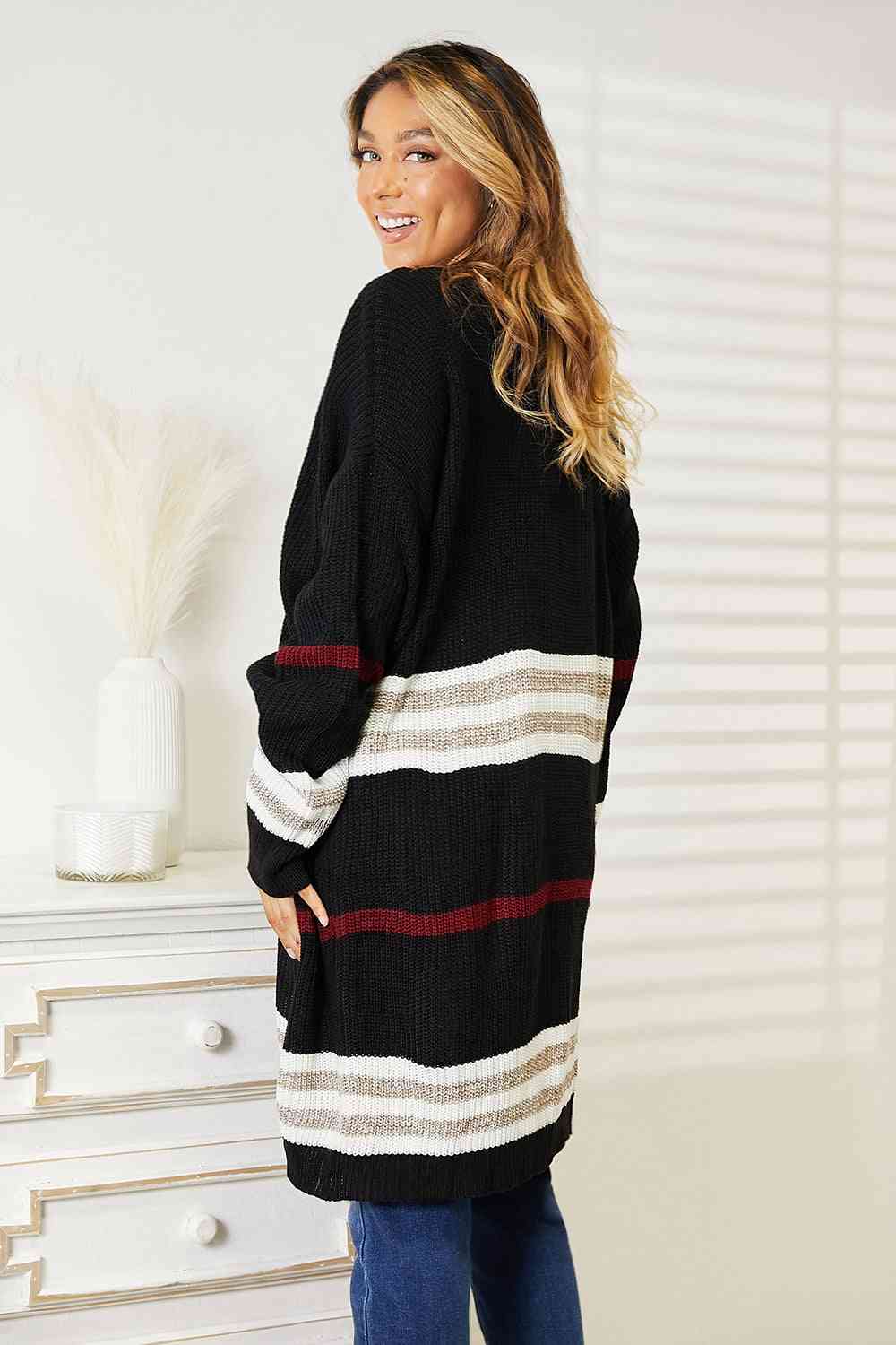 Striped Rib-Knit Drop Shoulder Open Front Cardigan-Double Take, Ship from USA-Black-S-[option4]-[option5]-[option6]-Womens-USA-Clothing-Boutique-Shop-Online-Clothes Minded