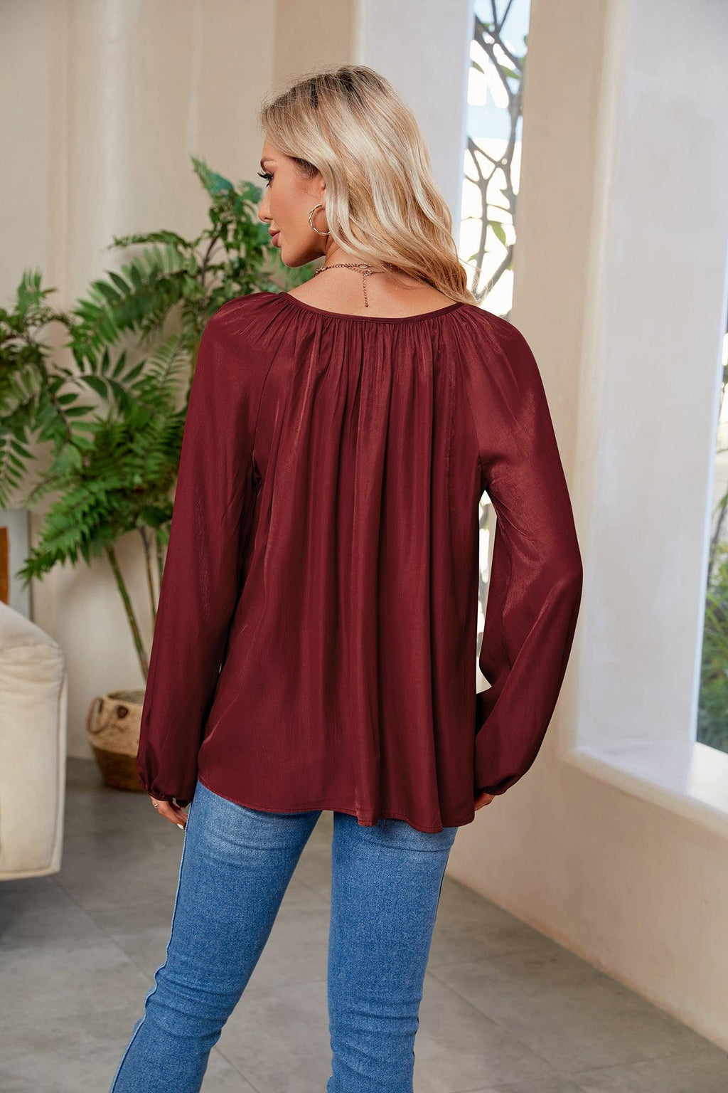 Tie Neck Balloon Sleeve Blouse-Blouses-A.L.D., Ship From Overseas, Shipping Delay 09/29/2023 - 10/01/2023, Tops-Wine-S-[option4]-[option5]-[option6]-Womens-USA-Clothing-Boutique-Shop-Online-Clothes Minded