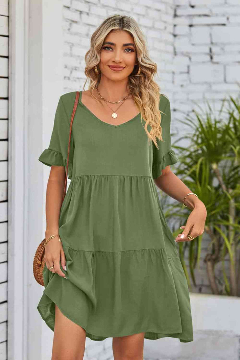 V-Neck Flounce Sleeve Tiered Dress-Dress-Black Dress, Boutique Dress, Dress, Mandy, Ship From Overseas-Army Green-S-[option4]-[option5]-[option6]-Womens-USA-Clothing-Boutique-Shop-Online-Clothes Minded