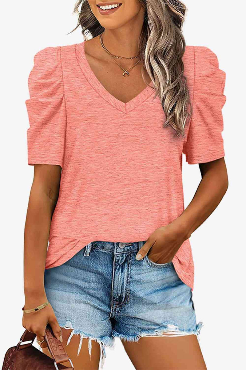 V-Neck Puff Sleeve Tee-Lamy, Ship From Overseas-Coral-S-[option4]-[option5]-[option6]-Womens-USA-Clothing-Boutique-Shop-Online-Clothes Minded