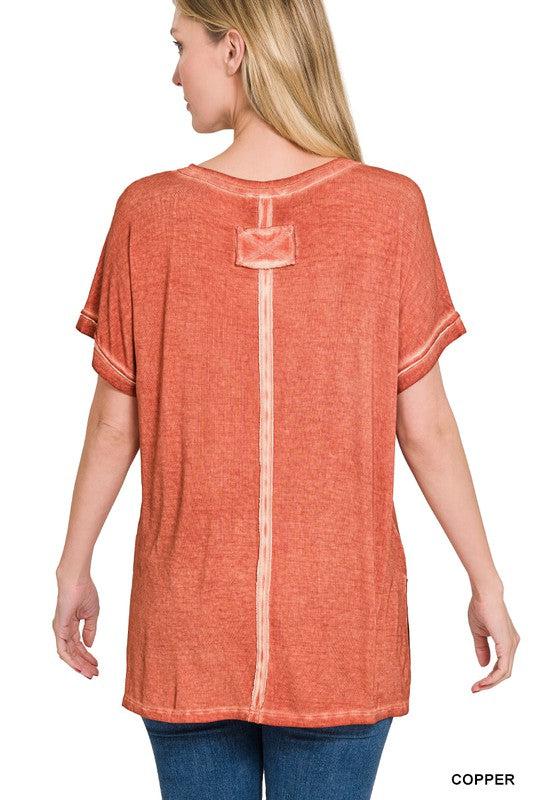 WASHED SHORT SLEEVE V-NECK TOP W HI-LOW HEM-Shirts & Tops-Contemporary, Only at FashionGo, Short Sleeve, T-Shirts & Polos, Tie dye, V-Neck-[option4]-[option5]-[option6]-Womens-USA-Clothing-Boutique-Shop-Online-Clothes Minded