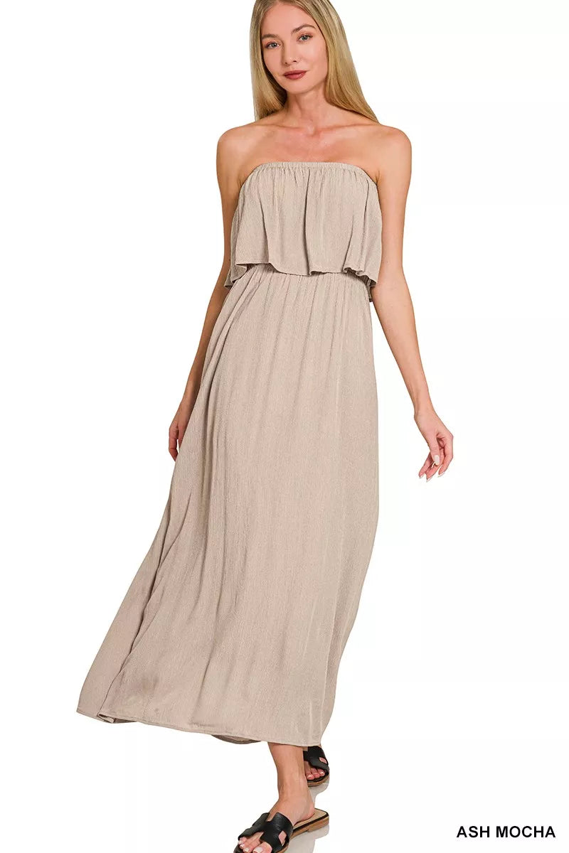 zenana maxi dresses Zenana Woven Crinkle Strapless Maxi Dress