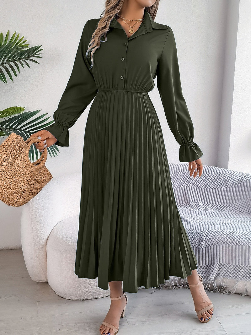 Pleated Half Button Long Sleeve Midi Dress Pleated Half Button Long Sleeve Midi Dress