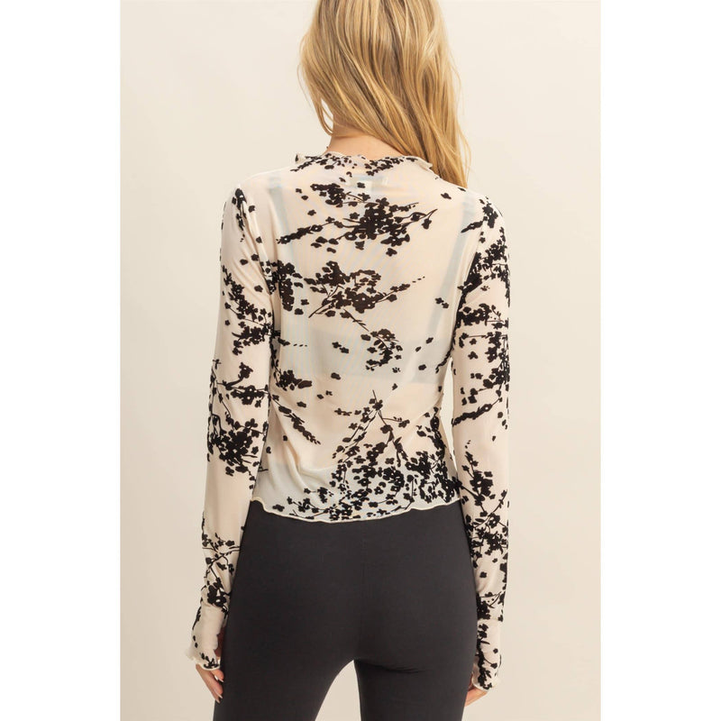 Long-Sleeve Flocked Mesh Top