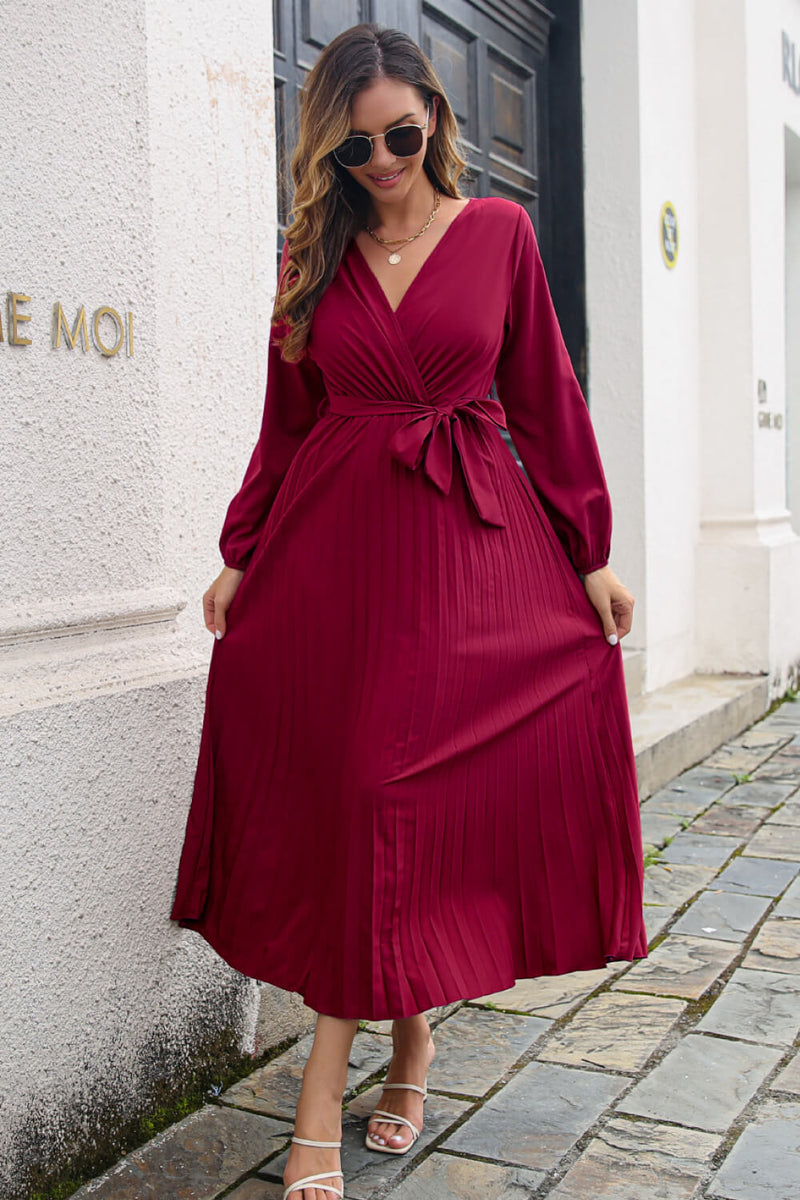 Pleated Long Sleeve Surplice Maxi Dress Pleated Long Sleeve Surplice Maxi Dress
