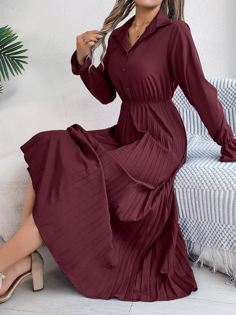 Pleated Half Button Long Sleeve Midi Dress Pleated Half Button Long Sleeve Midi Dress
