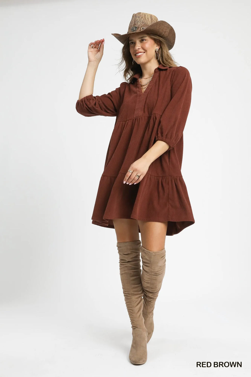 red corduroy mini dress Umgee Tiered Corduroy Mini Dress with Balloon Sleeves