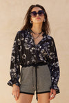 Floral-Print Satin V-Neck Buttoned Ruffle-Cuff Top
