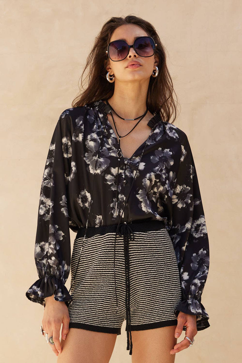 Floral-Print Satin V-Neck Buttoned Ruffle-Cuff Top