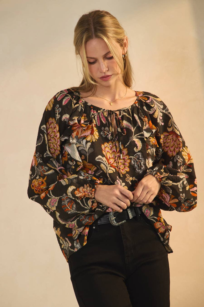 Floral Print Long-Sleeve Peasant Blouse