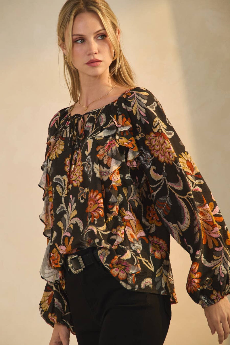 Floral Print Long-Sleeve Peasant Blouse