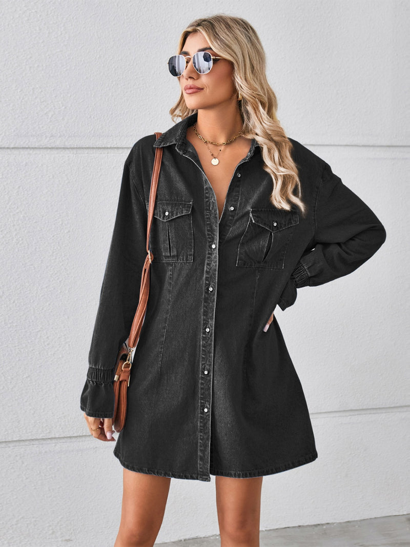 Pocketed Dropped Shoulder Mini Denim Dress Pocketed Dropped Shoulder Mini Denim Dress
