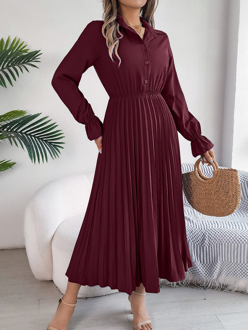 Pleated Half Button Long Sleeve Midi Dress Pleated Half Button Long Sleeve Midi Dress