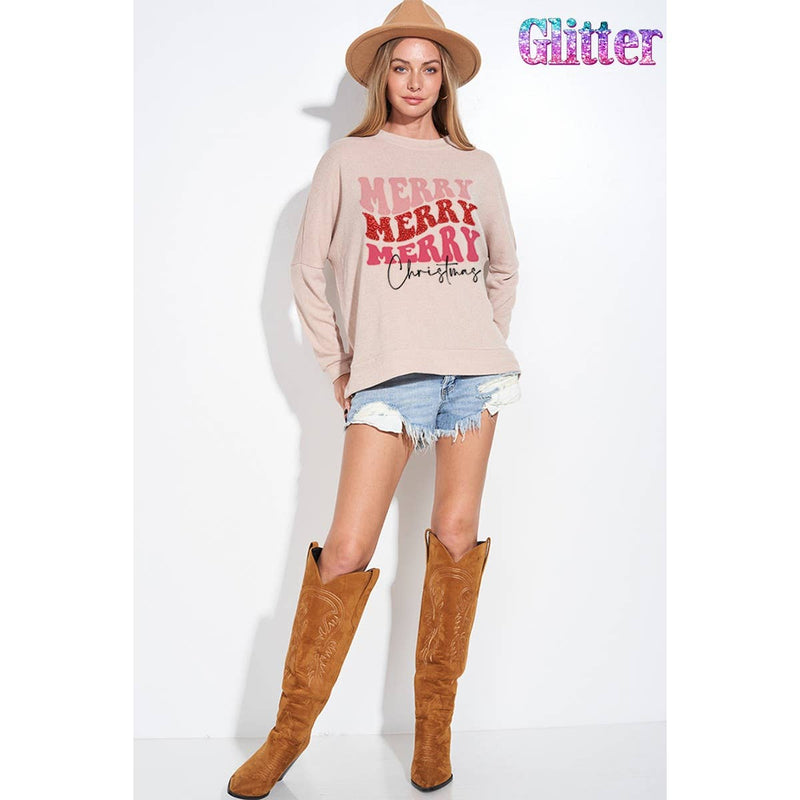Merry Christmas Glitter Side Slit Long Sleeve Top