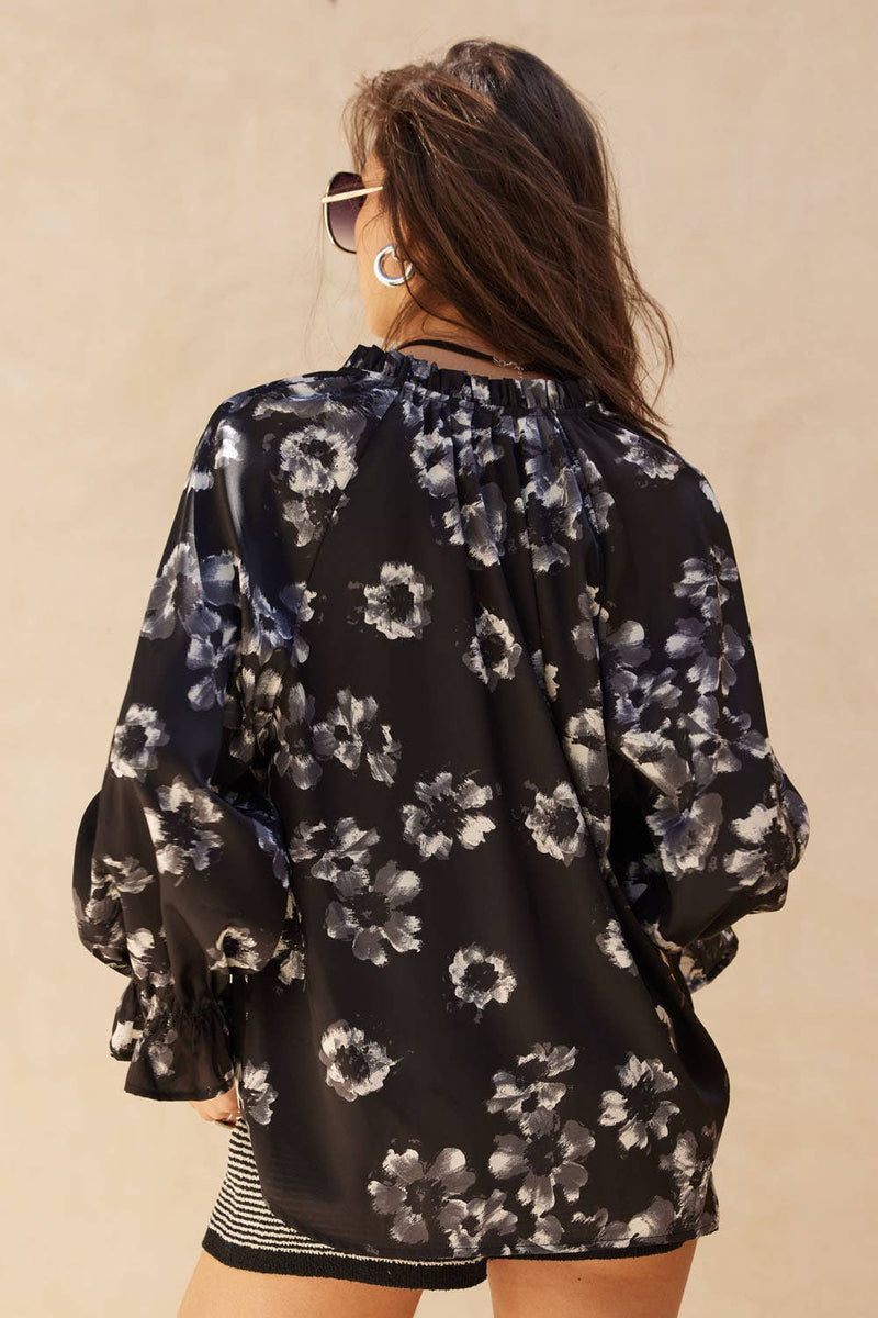 Floral-Print Satin V-Neck Buttoned Ruffle-Cuff Top