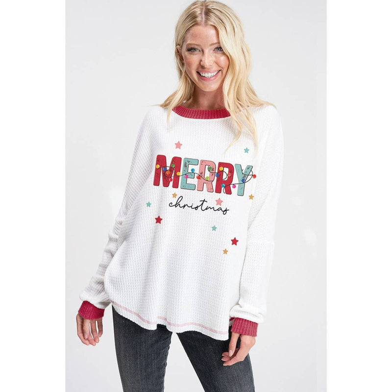 Merry print waffle knit neck band contrast top