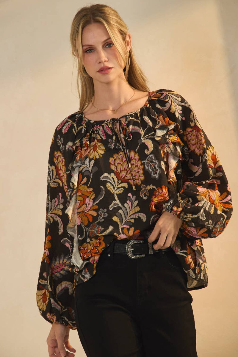 Floral Print Long-Sleeve Peasant Blouse