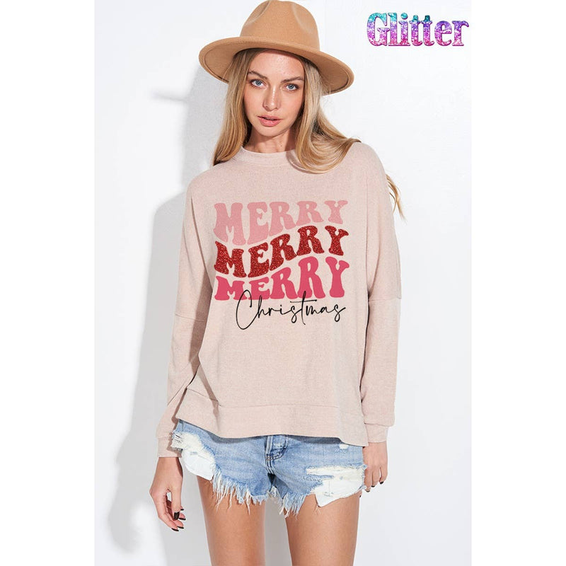 Merry Christmas Glitter Side Slit Long Sleeve Top