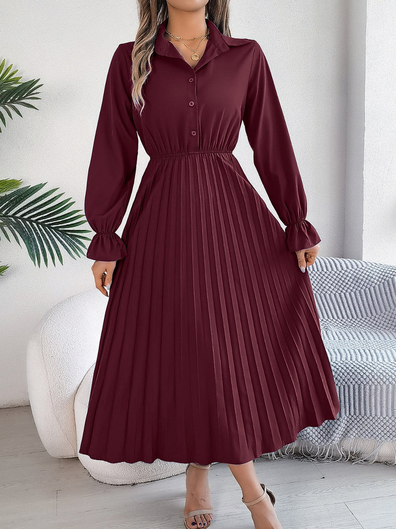 Pleated Half Button Long Sleeve Midi Dress Pleated Half Button Long Sleeve Midi Dress
