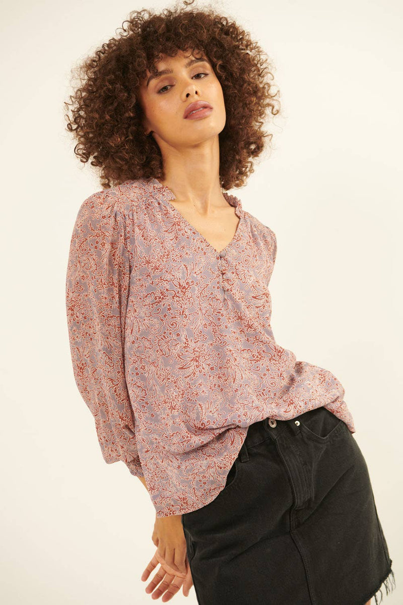 Floral V Neck Long Sleeve Blouse