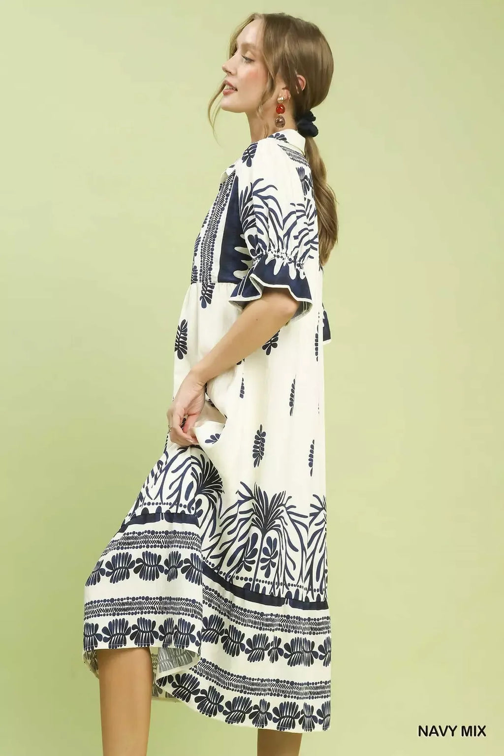 umgee midi dresses Umgee Border Print Midi Dress with Puff Sleeves