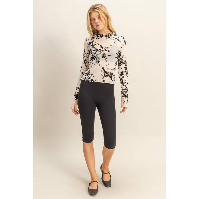 Long-Sleeve Flocked Mesh Top