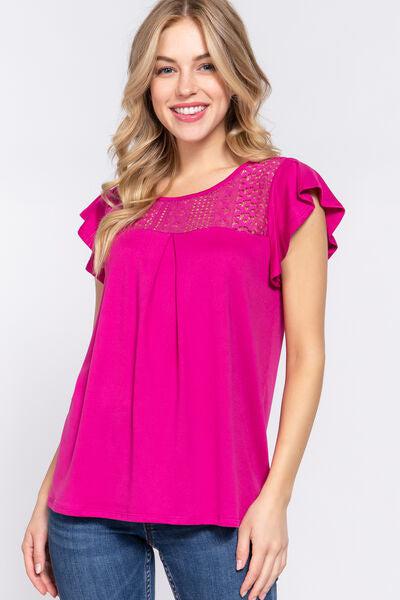 ACTIVE BASIC Ruffle Short Sleeve Lace Detail Knit Top-ACTIVE BASIC, Ship from USA-MAGENTA-S-[option4]-[option5]-[option6]-Womens-USA-Clothing-Boutique-Shop-Online-Clothes Minded