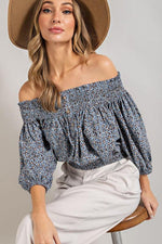 ANIMAL PRINT SMOCKED OFF THE SHOULDER TOP-Tops-3/4 Sleeve, Contemporary, Off Shoulder, Polyester, Print-Animal-Floral-Skull-Butterfly, Tunics-BLUE-S-[option4]-[option5]-[option6]-Womens-USA-Clothing-Boutique-Shop-Online-Clothes Minded