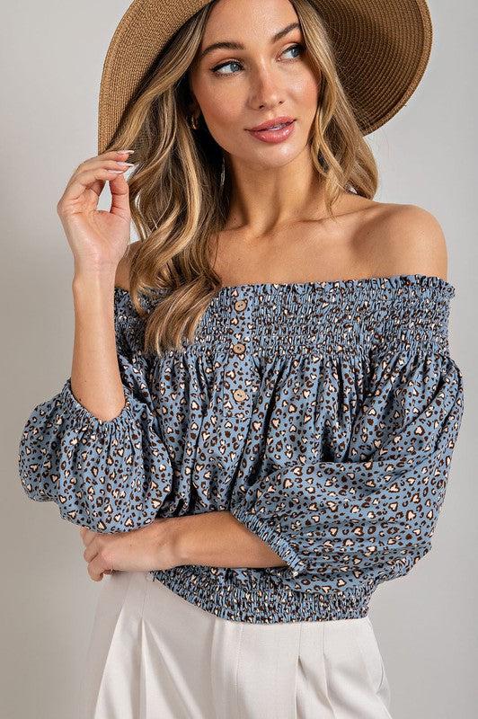 ANIMAL PRINT SMOCKED OFF THE SHOULDER TOP-Tops-3/4 Sleeve, Contemporary, Off Shoulder, Polyester, Print-Animal-Floral-Skull-Butterfly, Tunics-[option4]-[option5]-[option6]-Womens-USA-Clothing-Boutique-Shop-Online-Clothes Minded