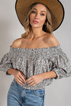 ANIMAL PRINT SMOCKED OFF THE SHOULDER TOP-Tops-3/4 Sleeve, Contemporary, Off Shoulder, Polyester, Print-Animal-Floral-Skull-Butterfly, Tunics-[option4]-[option5]-[option6]-Womens-USA-Clothing-Boutique-Shop-Online-Clothes Minded