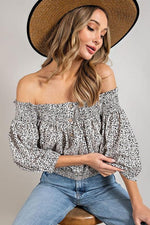 ANIMAL PRINT SMOCKED OFF THE SHOULDER TOP-Tops-3/4 Sleeve, Contemporary, Off Shoulder, Polyester, Print-Animal-Floral-Skull-Butterfly, Tunics-OFF WHITE-S-[option4]-[option5]-[option6]-Womens-USA-Clothing-Boutique-Shop-Online-Clothes Minded