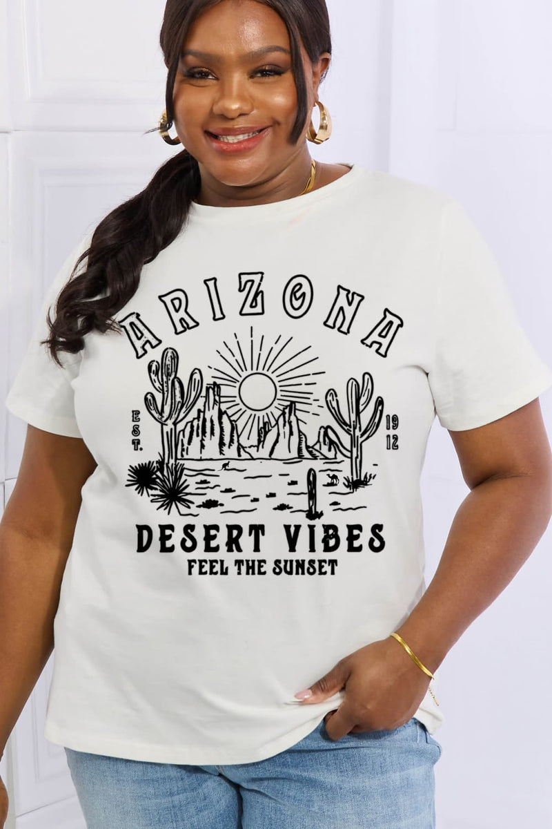 ARIZONA DESERT VIBES FEEL THE SUNSET Graphic Cotton Tee-T-shirts-Ship From Overseas, Shipping Delay 09/29/2023 - 10/02/2023, Simply Love-Bleach-S-[option4]-[option5]-[option6]-Womens-USA-Clothing-Boutique-Shop-Online-Clothes Minded
