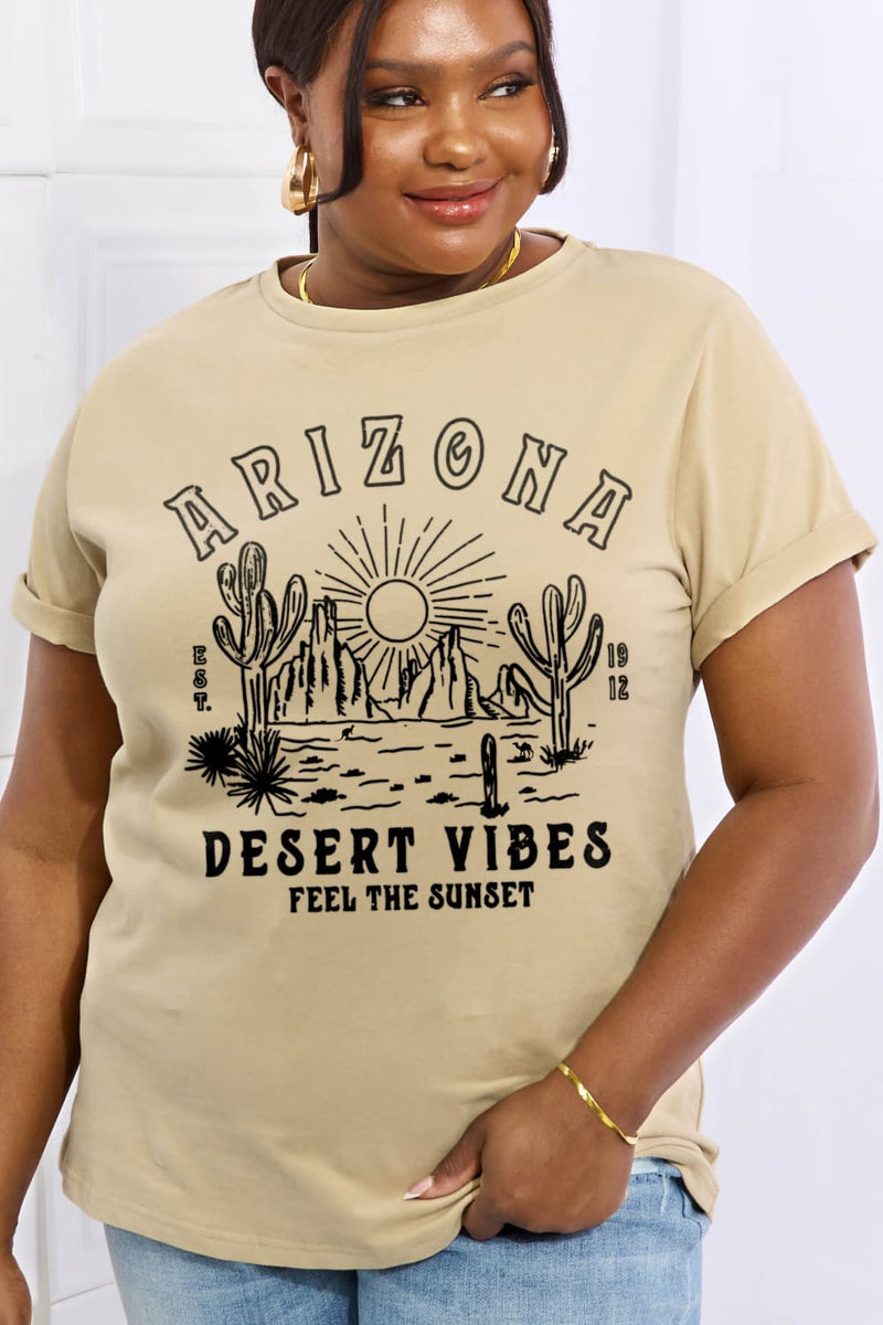 ARIZONA DESERT VIBES FEEL THE SUNSET Graphic Cotton Tee-T-shirts-Ship From Overseas, Shipping Delay 09/29/2023 - 10/02/2023, Simply Love-Taupe-S-[option4]-[option5]-[option6]-Womens-USA-Clothing-Boutique-Shop-Online-Clothes Minded