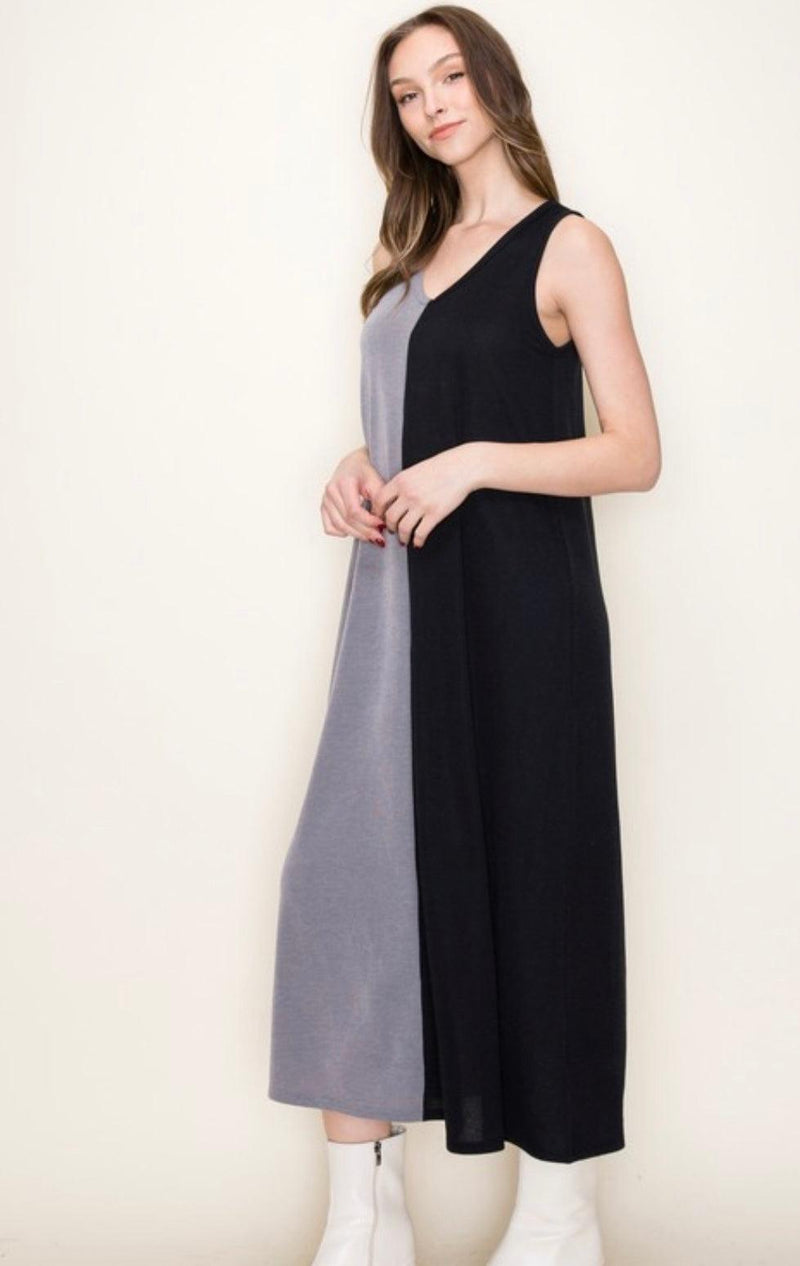 Baby Rib Two Tone Sleeveless Midi Dress-150 Dresses-Baby Rib Two Tone Dress, Black Dress, Boutique Dress, Dress, Knit Black Dress, Knit Dress, Knit Midi Dress, Max Retail, Midi Dress-[option4]-[option5]-[option6]-Womens-USA-Clothing-Boutique-Shop-Online-Clothes Minded