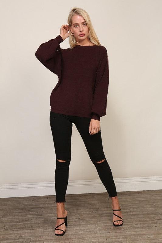 Balloon Sleeve Cold Shoulder Shaker Sweater-120 Sweaters-Balloon Sleeve Shaker Sweater, Dark Plum Sweater, Max Retail, Shaker Sweater, wine-[option4]-[option5]-[option6]-Womens-USA-Clothing-Boutique-Shop-Online-Clothes Minded