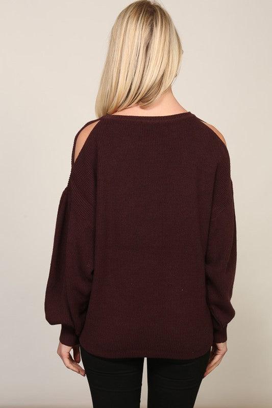 Balloon Sleeve Cold Shoulder Shaker Sweater-120 Sweaters-Balloon Sleeve Shaker Sweater, Dark Plum Sweater, Max Retail, sale, Sale Top, Shaker Sweater, wine-[option4]-[option5]-[option6]-Womens-USA-Clothing-Boutique-Shop-Online-Clothes Minded