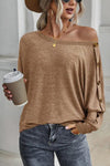 Boat Neck Buttoned Long Sleeve T-Shirt-Tops-Ship From Overseas, SYNZ, Tops-Khaki-S-[option4]-[option5]-[option6]-Womens-USA-Clothing-Boutique-Shop-Online-Clothes Minded